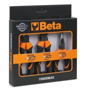 Assortimento di 1 pinza universale, 1 pinza becchi mezzotondi lunghi e 1 tronchese, impugnatura bimateriale, con finitura industriale